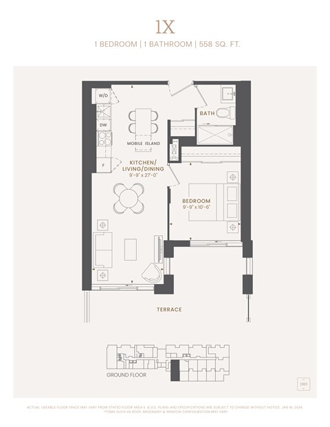 Floor plan for 1 bed, 1 bath, 558 sqft